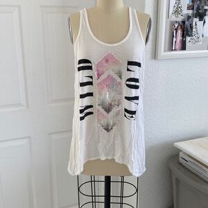 White Racer Back Knit Graphic Tank Tee With Mesh Back And Pastel Sequin Details